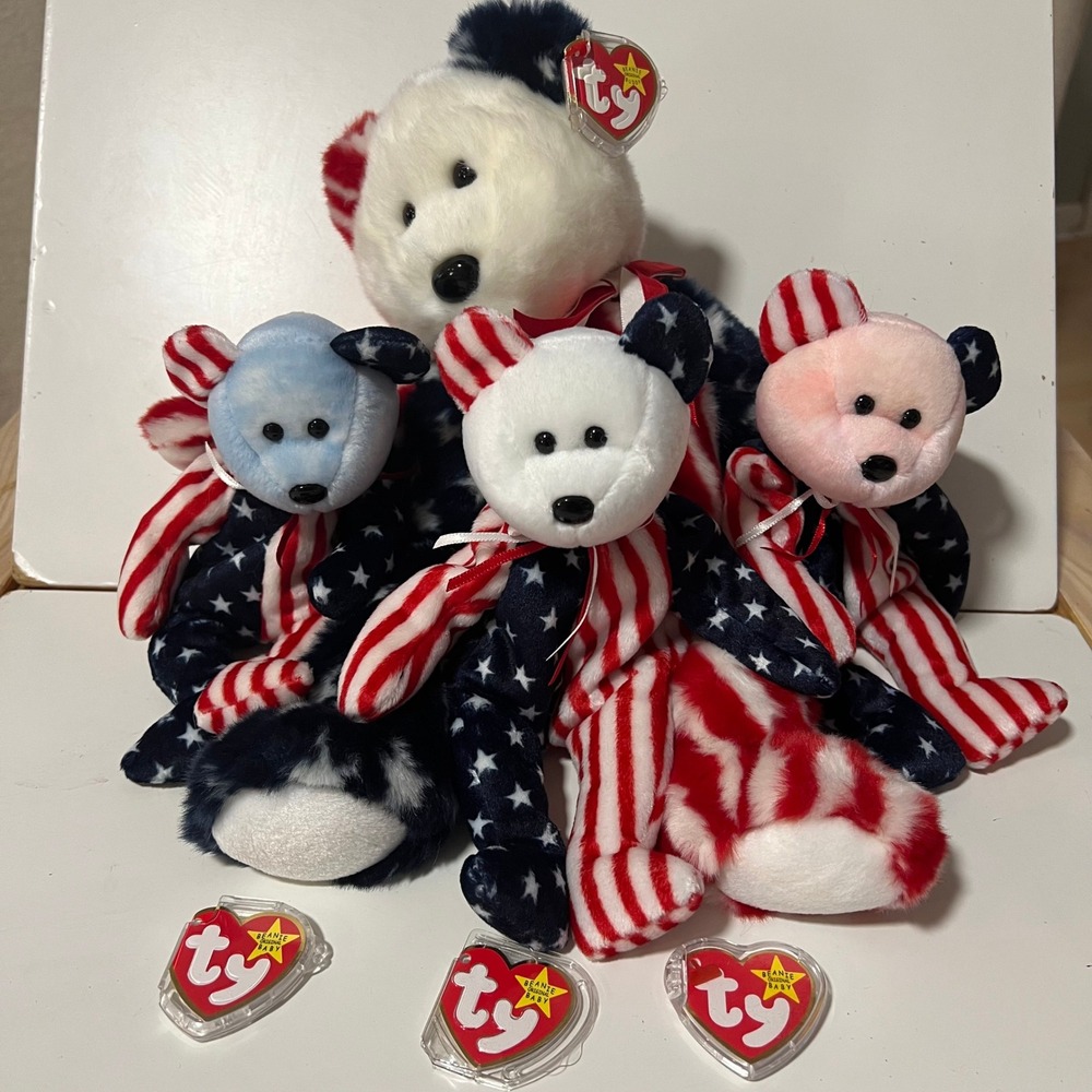 Ty Beanie Babies Buddy Spangle Bear Patriotic Red White Blue‎ 1999 Lot of 4 USA